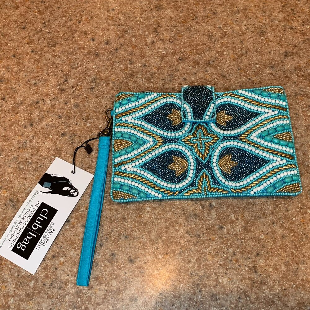 The Bamboo Trading Company Blue & Gold Beaded Clutch bag NWT